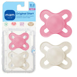 Pink and white baby pacifiers with packaging labeled 'mam Original Start' on a white background.