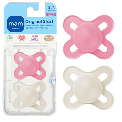Pink and white baby pacifiers with packaging labeled 'mam Original Start' on a white background.