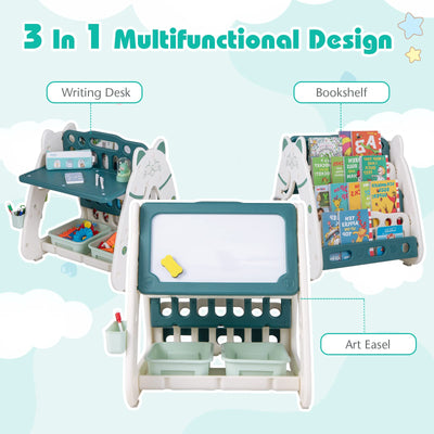 Costzon 3 in 1 Kids Art Easel, Double-Sided Magnetic Dry Erase Board and Kids Book Rack with Chair and Foldable Desktop, Adjustable Standing Easel with Two Storage Baskets, Pen Container (Green)