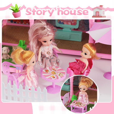 Randhar Doll House for Girls with Lights, 3 Dolls, 4 Floors -13 Rooms, 7 Sets of Furniture and Accessories, Design and Build Gift for 3 4 5 6 7 8+ Year Old Girls
