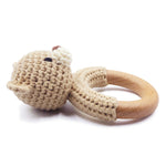 Joliecraft Safari Animals Wooden Baby Rattle Toys Stuffed Crochet Rattle with Teether Ring for Newborn, Beige Bear