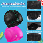 Swim Cap for Women Men - Large Silicone Swimming Cap for Long/Short Hair with 3D Ear Protection, Durable Non-Slip Waterproof Bath Swim Cap with Extra Room for Adults with Ear Plug and Nose Clip