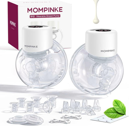 MOMPINKE wearable breast pump set with packaging and accessories on a white background