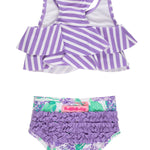 RuffleButts Girls UPF50+ Sun Protection Flounce Bikini Two Piece Swimsuit - Purple Hydrangea Garden, 3-6m