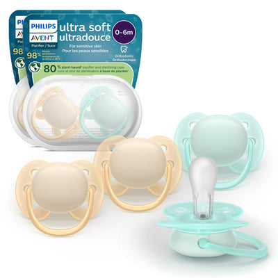 Philips Avent ultra soft pacifiers with packaging on a white background