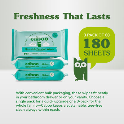 Caboo Mint Flushable Wipes, Certified Flushable, Septic Safe, Chemical Free, Biodegradable Wipes for Adults made with Renewable Bamboo Based Viscose (Pack of 3, Total of 180)