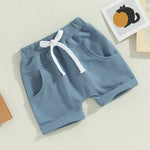 Thilsidee 3 Pack Toddler Baby Boy Girl Solid Color Shorts Elastic Waist Casual Short Trousers Spring Summer Fall Short Pants (A-Blue Brown Grey, 0-6 Months)