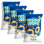 Multiple packages of Veggie Loops snacks on a white background