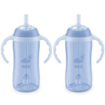 Two blue sippy cups with straws and handles on a white background, featuring the NUK brand.