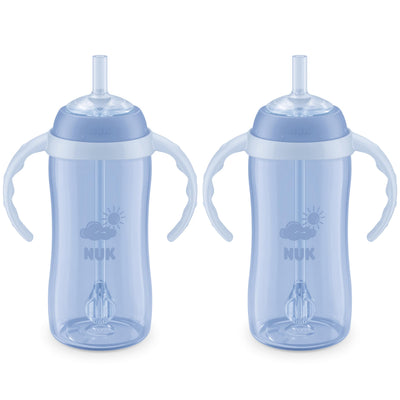 Two blue sippy cups with straws and handles on a white background, featuring the NUK brand.