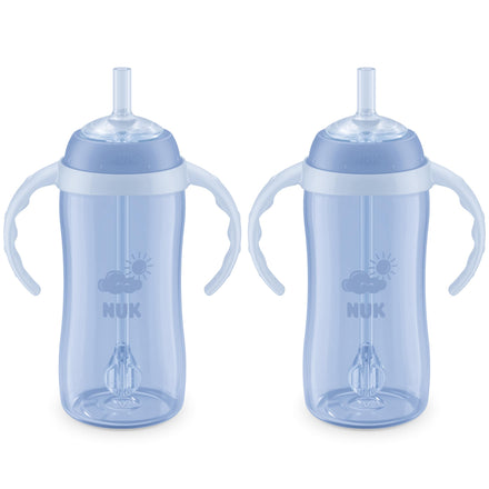 Two blue sippy cups with straws and handles on a white background, featuring the NUK brand.