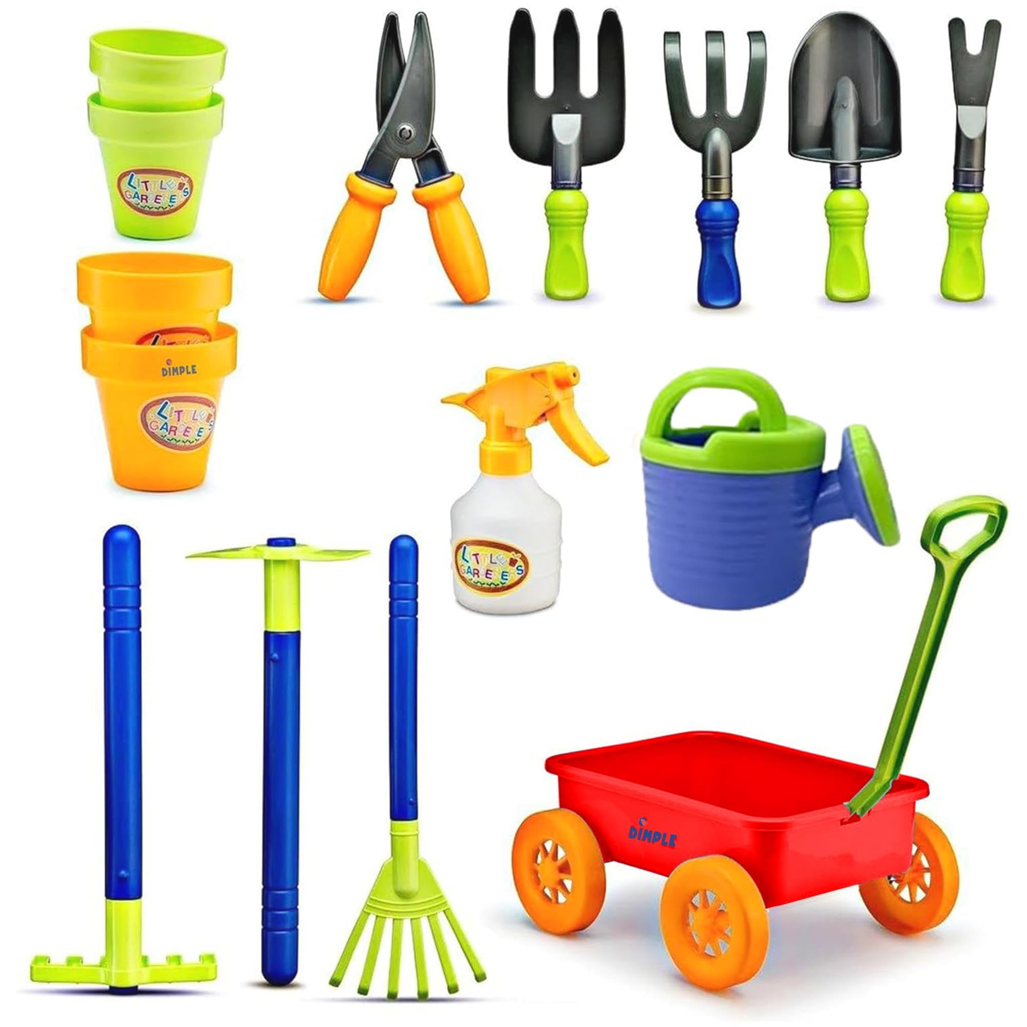 Dimple Garden Wagon & Tools Toy Set Premium 15 Pcs Kids Gardening Tools & Wagon Toy Set - Sturdy & Durable - Top Yd, Beach, Sand, Garden Play Set - Great for Kids & Toddlers