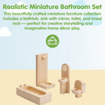 PlanToys® Bathroom Classic Set for Montessori Inspired Home and Small World Play | Practical Life, Social Skills and Imaginative Scene Building | Eco Friendly Wooden Dollhouse Bathroom Furniture