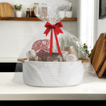 Baskets for Gifts Empty, Small Woven Cotton Rope Gift Basket for Organizing, Cute Cat Dog Toy Bin Box, Baby Nursery Storage Organizer, White Storage Bin with Brown Handles, 13" x 9" x 5"