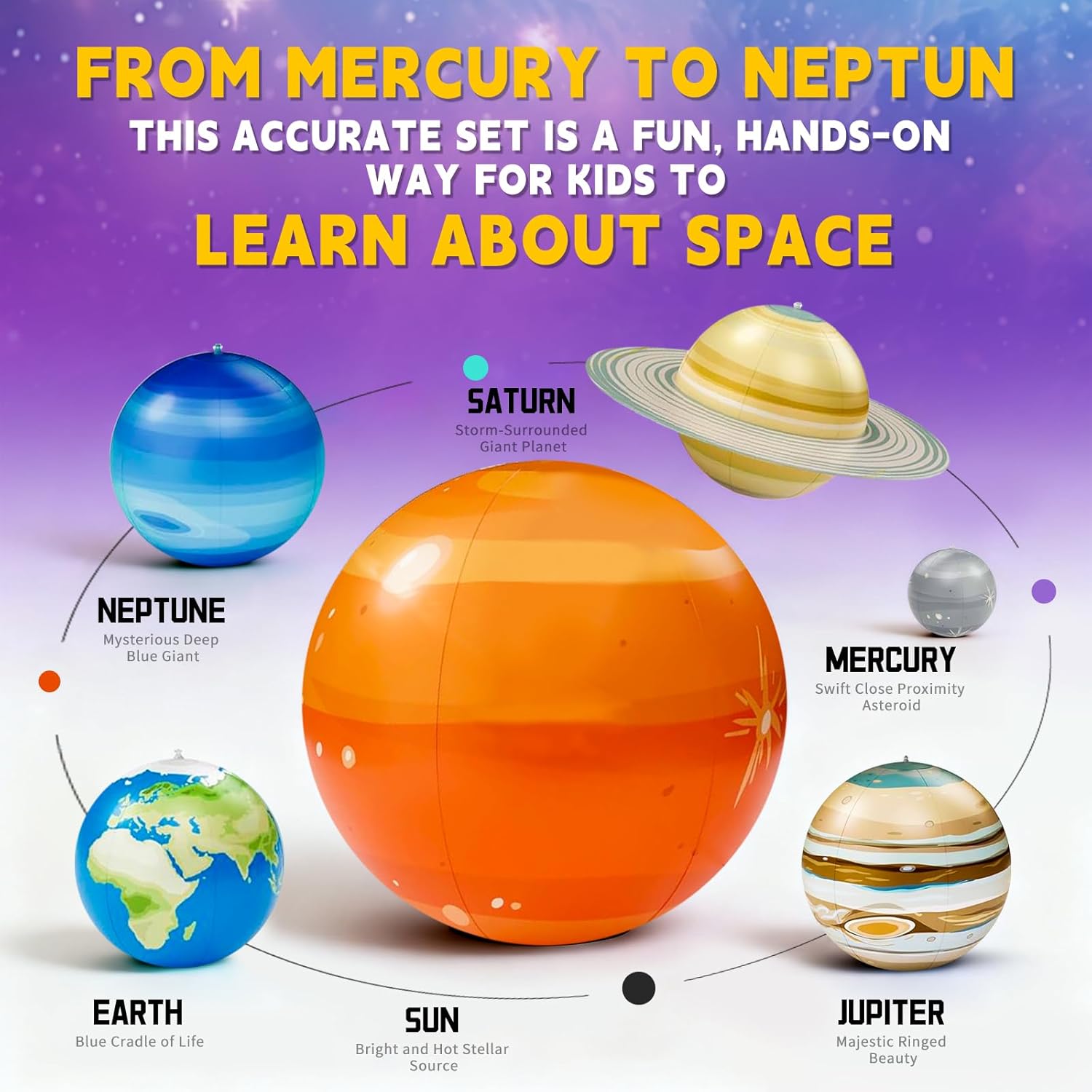 Inflatable Solar System Planets for Kids - 9 Giant Hanging Planets for Science Classroom Ceiling & Boys Room Decor, Space Themed Party Decorations Supplies with Pump, Astronomy Gifts for Ages 6-12