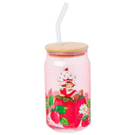 Silver Buffalo Strawberry Shortcake Giant Strawberry Pink Glass Jar Tumbler with Bamboo Lid and Glass Straw, 16 Ounces