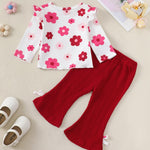 Kucnuzki Toddler Girl Clothes Long Sleeve Round Neck Tops Ruffle Floral Shirts Solid Color Bell Bottom Pants For Baby Girl Clothes 18-24 Months 2 Piece Outfit