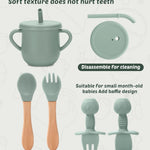 JELLDJK 24 PCS Silicone Baby Feeding Set, Baby Led Weaning Supplies Includes Suction Bowls and Divided Plates, Adjustable Silicone Bib, Spoons&forks, Training cup with straw (Green+Brown+Beige)