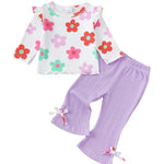 Kucnuzki Baby Girl Kids Clothes Toddler Girl Fall Winter Outfit White Long Sleeve Ruffle Shirt Cute Baby Purple Flare Pants 12-18 Month Girl Clothes For Kids