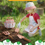 Grenebo Kids Gardening Set Toys, Quality Garden Tool Kit for Kids and Toddlers, Includes Two Shovels, Garden hat,Rake, Apron,Gloves, Watering Can, and Tool Bag (Pink)