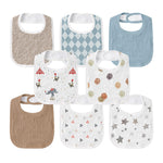 Collection of baby bibs with various patterns on a white background