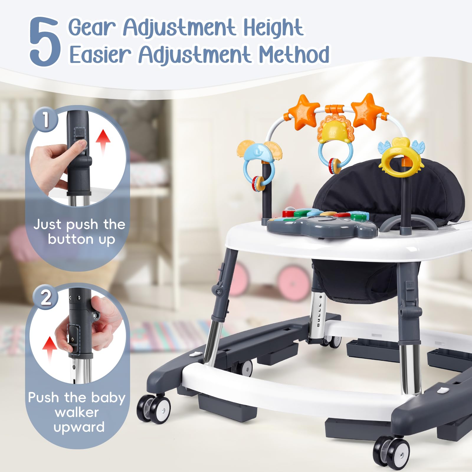 Wolfcode 5-in-1 Music and Lights Baby Walker Foldable with 5 Adjustable Heights, Baby Walker with Wheels and Bouncer Combo Portable, Infant Toddler Walker for Baby Boy Girls 6-18 Months