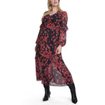 Motherhood Maternity Women's Long Sleeve V-Neck Tiered Maxi Pregnancy Dress with Drawstring, Holiday Floral, Large