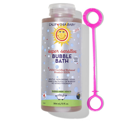 California Baby super sensitive bubble bath with a pink bubble wand on a white background