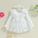 ZAXARRA Infant Baby Girl Romper Dress Baby Dress Romper Flowers Lace Fall Winter Clothes with Headband (White, 9-12 Months)
