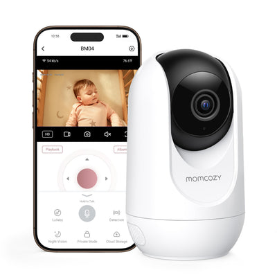Baby monitor with smartphone app displaying a baby's video feed on a white background