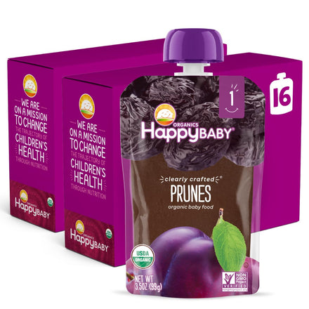 HappyBaby prunes organic baby food package with purple packaging