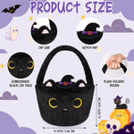 Halloween Basket, Black Cat Plush Halloween Baskets for Kids, Trick or Treat Bucket, Black Cat with Witch Hat Decor, Gift Candy Bucket with Handle for Halloween Party Home Decoration Bins