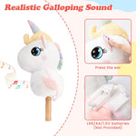 FUNLIO Unicorn Stick Horse for Kids 3+, Rainbow Fairy Hobby Horse with Soft Plush & Wood Wheels, Neighing and Galloping Sound for Pretend Play & Creativity, Horse Toys Gift, CPC & CE Certified - White