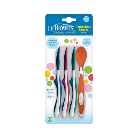 Pack of Dr. Brown's TempCheck Spoons with colorful handles on a white background