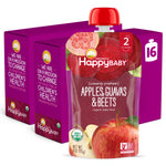 Happy Baby organic baby food package with red lid and purple box on a white background