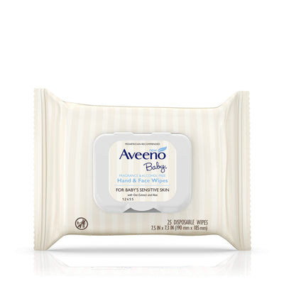 Aveeno Baby hand and face wipes packaging on a white background