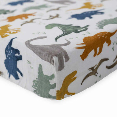 Little Unicorn Premium Crib Sheet | Breathable & Super-Soft Muslin Fabric (Dino Friends)