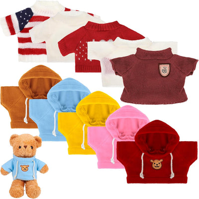 Collection of colorful teddy bear outfits with a teddy bear wearing a blue hoodie.