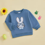 GINEVSAL Toddler Baby Girl Boy Easter Outfits Bunny Embroidery Round Neck Long Sleeve Sweatshirt Pullover Tops Fall Clothes (Blue, 6-12 Months)