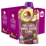 Happy Baby organic baby food package with purple carrots, bananas, avocados, and quinoa on a white background