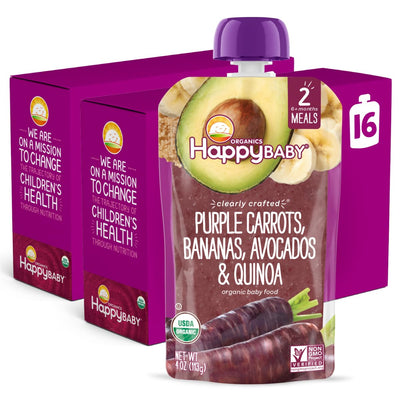 Happy Baby organic baby food package with purple carrots, bananas, avocados, and quinoa on a white background