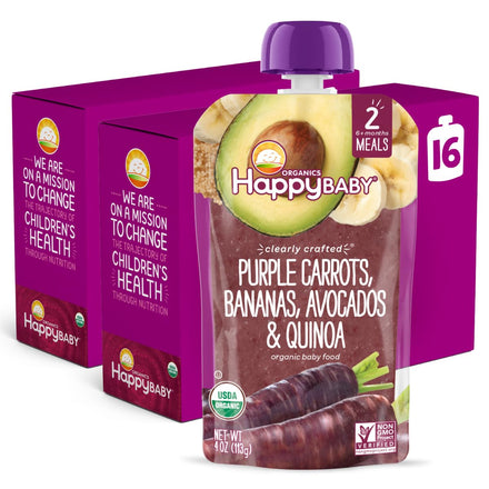 Happy Baby organic baby food package with purple carrots, bananas, avocados, and quinoa on a white background