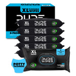 Packaging of DUDE Wipes with multiple packages and a box on a white background