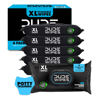 Packaging of DUDE Wipes with multiple packages and a box on a white background