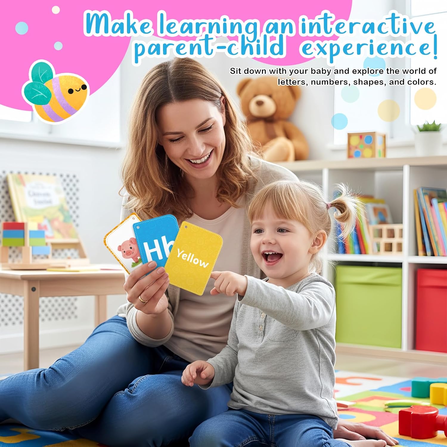 Flash Cards are Designed for Toddlers Aged 1-3. The Set Includes 56 Double-Sided Preschool Flash Cards Featuring The Alphabet, Numbers, Colors, and Shapes.