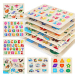 GRINNNIE Wooden Peg Puzzle for Toddlers, 6 Pack Toddler Puzzles Set for 3 4 5 Years Old (Alphabet Number Shape Animal Dinosaur Vehicle), Preschool Education Learning Puzzle Toys for Girls and Boys