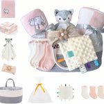 CREVENT Baby Welcome Gift Set Storage Basket with 2 Blankets+ 1 Security Blanket + 1 Taggie + 1 Gift Bag with Ribbon (Ivory)