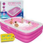 Inflatable for Kids and Adults 90"x60" (7.5'x5') with Soft Padded Floor, Handles and Drain, Kiddie Swimming Pool, Big Blow Up Backyard Pool for Ages 3+, Playful - Pink