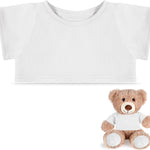 White t-shirt on a white background with a teddy bear wearing the same white t-shirt.