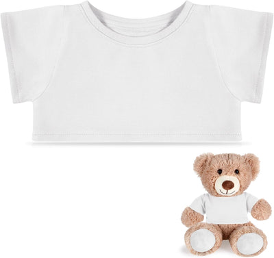 White t-shirt on a white background with a teddy bear wearing the same white t-shirt.